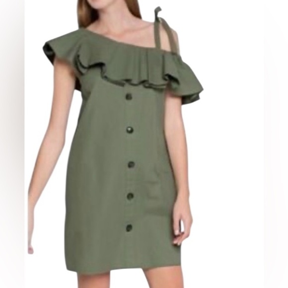 ENGLISH FACTORY Green Mini Dress Assymetrical Ruffle Size Medium - Picture 2 of 7
